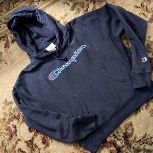 Champion Reverse Weave Hoodie Vintage Script Logo Navy Blue Sz S EUC